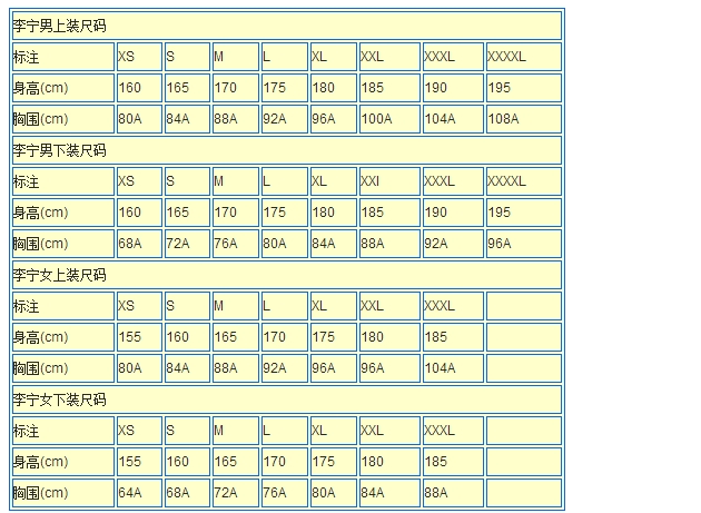 李宁尺码对照表